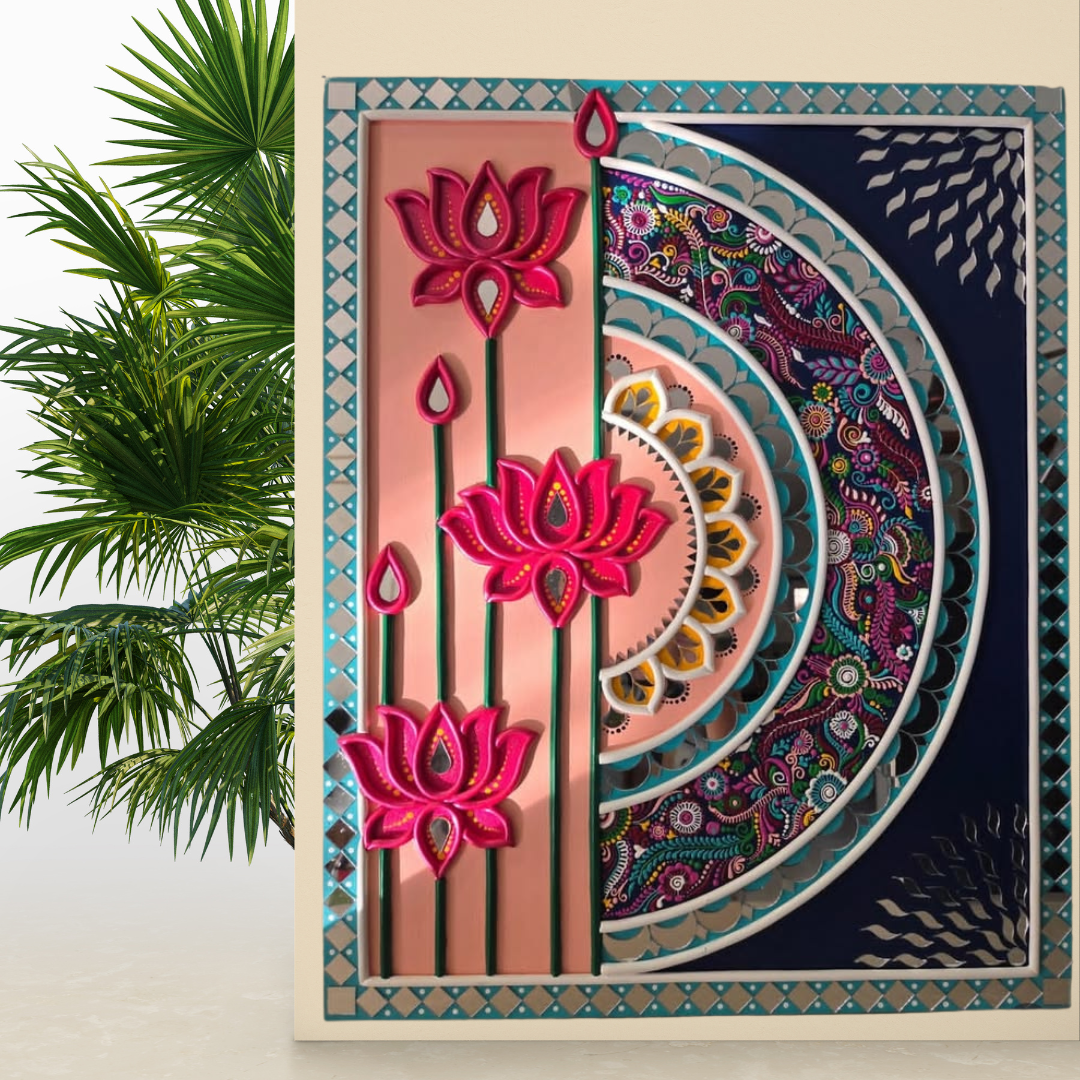 Lotus Eclipse Lippan Art Wall decor– Handcrafted Mirror Work Decor (14x12 Inch MDF)