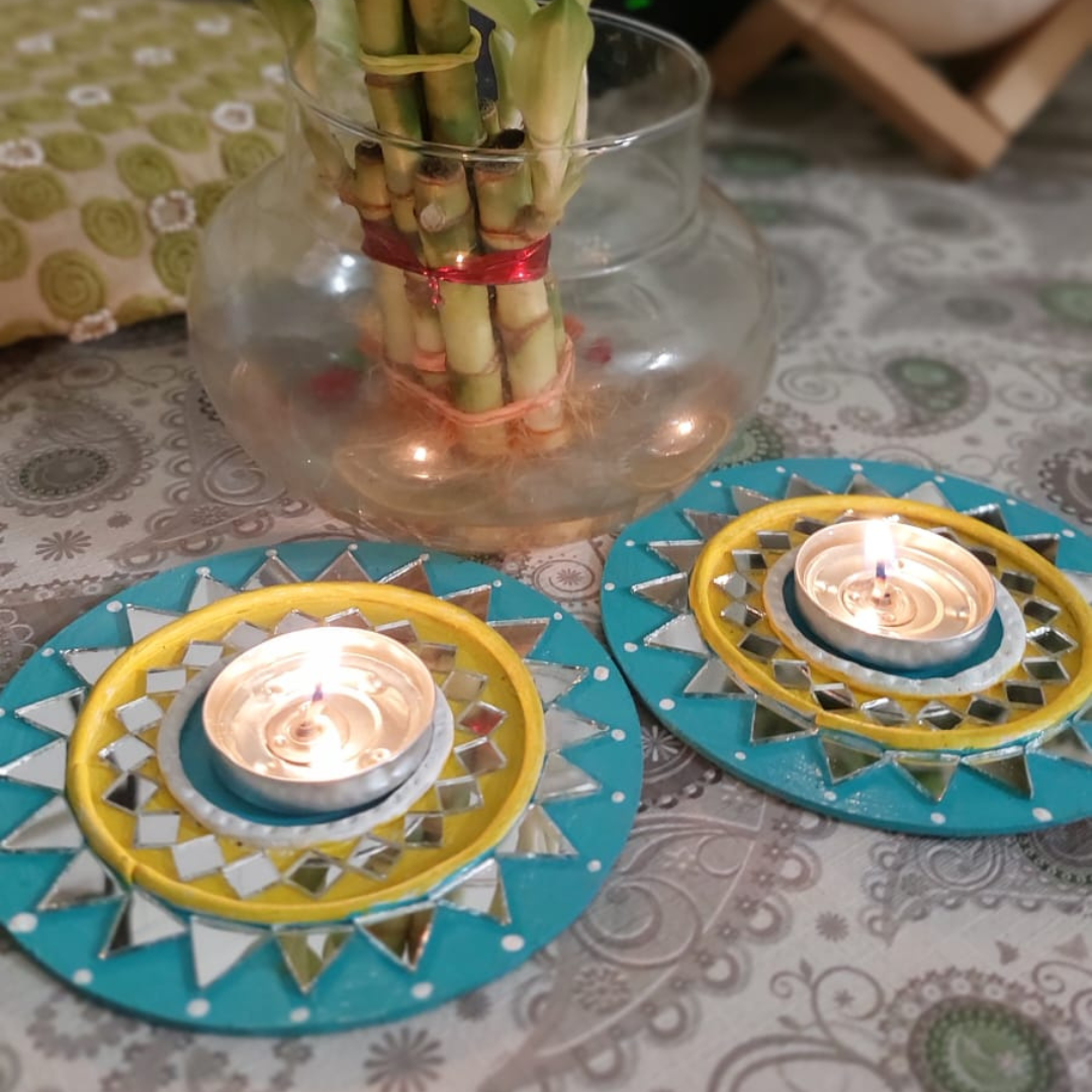 Festive Glow Lippan Art Tealight Holder Set – Handcrafted Mirror Work (5 Inch) | Diwali & Home Decor