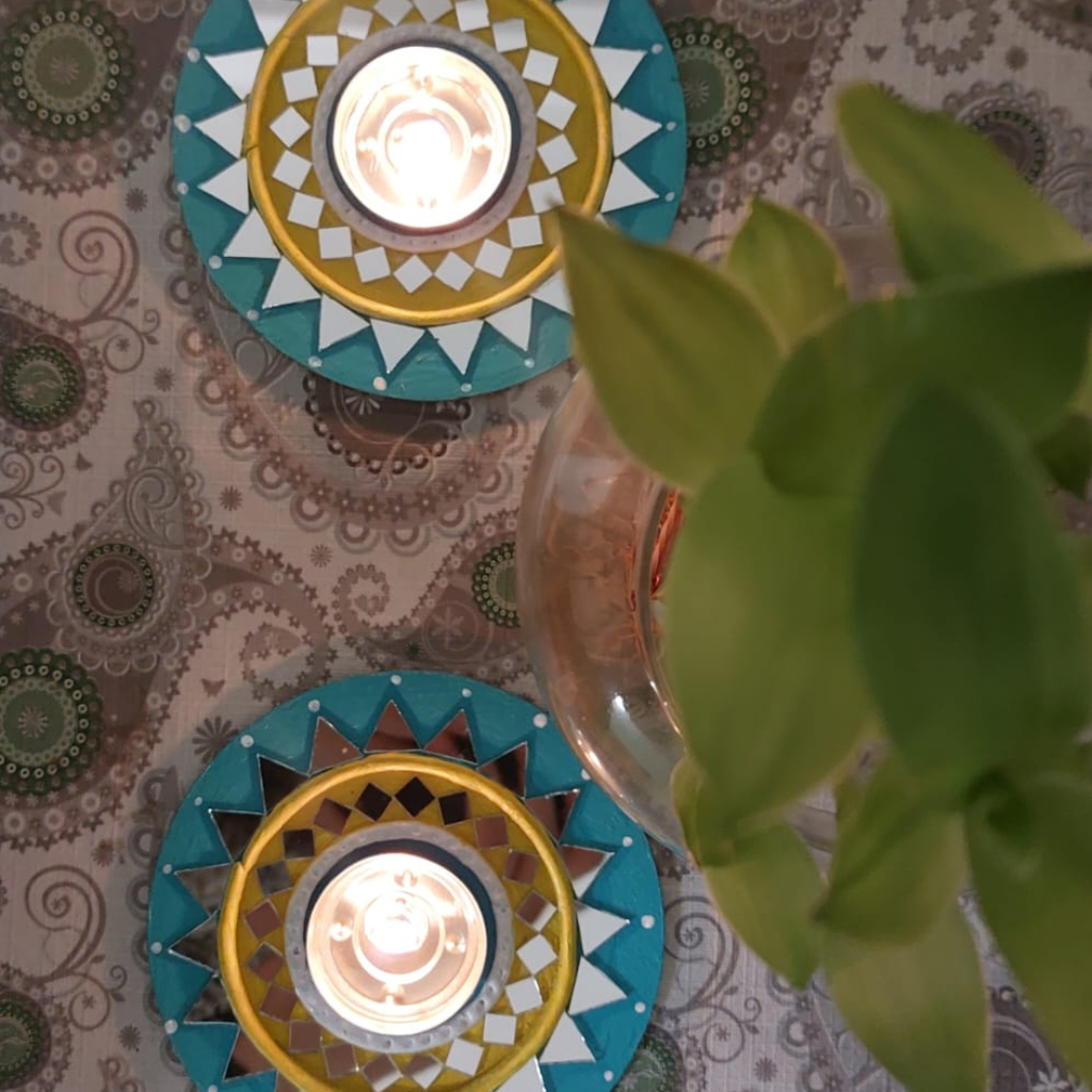 Festive Glow Lippan Art Tealight Holder Set – Handcrafted Mirror Work (5 Inch) | Diwali & Home Decor