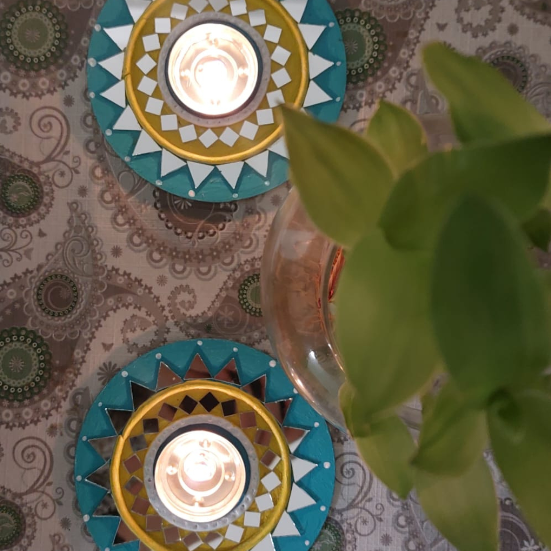 Festive Glow Lippan Art Tealight Holder Set – Handcrafted Mirror Work (5 Inch) | Diwali & Home Decor