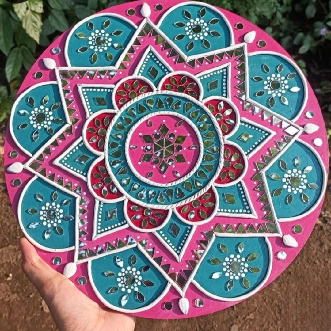 Rangriti Mandala Lippan Art Wall Plate – Handcrafted Mirror Work Decor (12x12 Inch MDF)