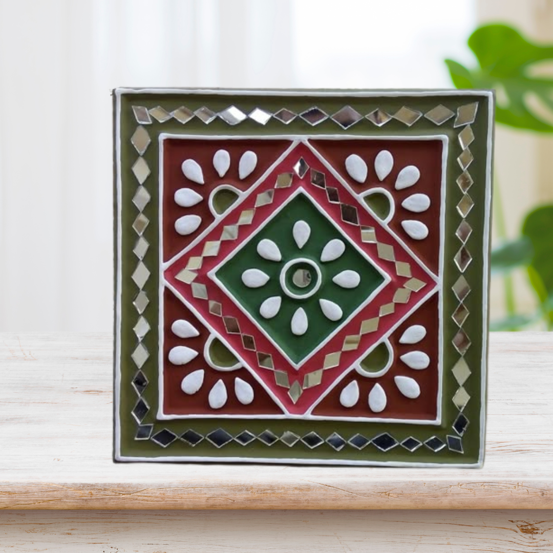 Tribal Square Lippan Art Wall Tile – Handcrafted Mirror Work Decor (8x8 Inch MDF)
