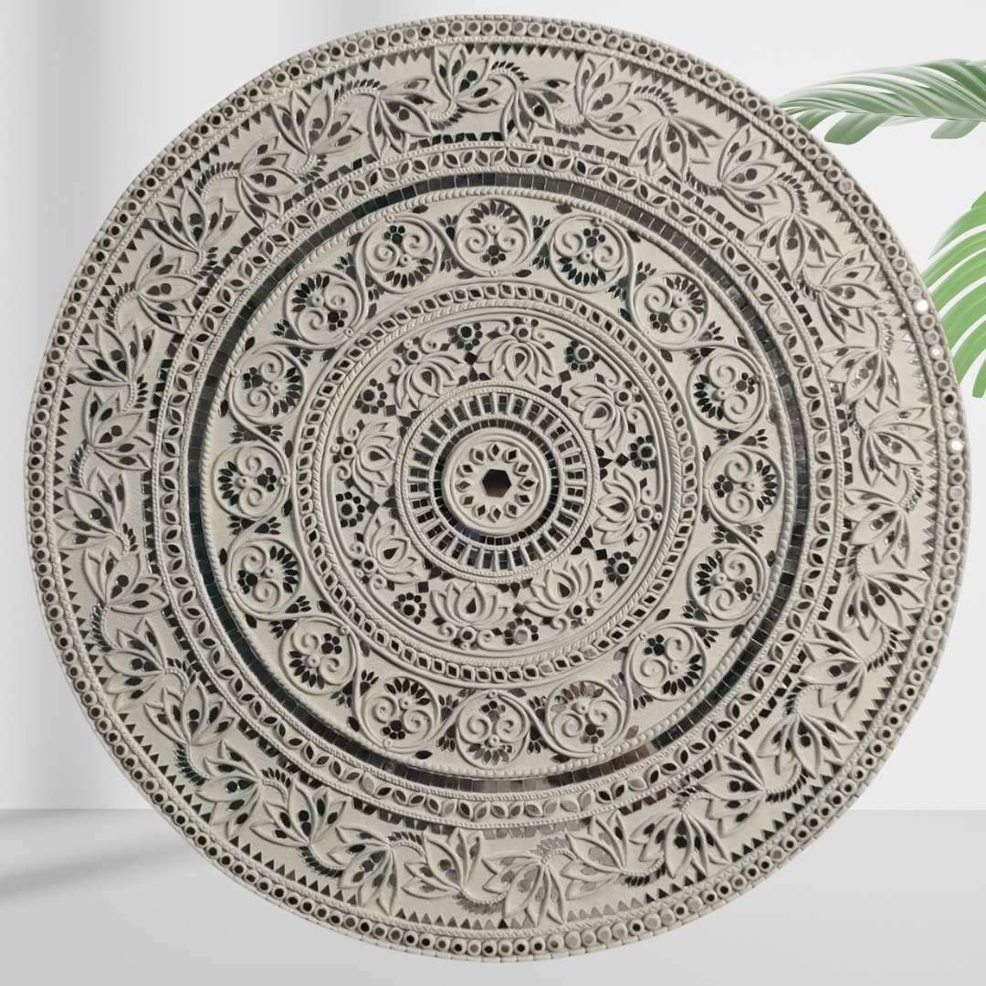 Royal Ivory Mandala Lippan Art Wall Decor – Handcrafted Mirror Work Statement Piece (20x20 Inch MDF)