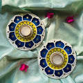 Royal Blue Lotus Lippan Art Tealight Holders – Handcrafted Mirror Work (Set of 2, 5 Inch) | Festive Candle Decor