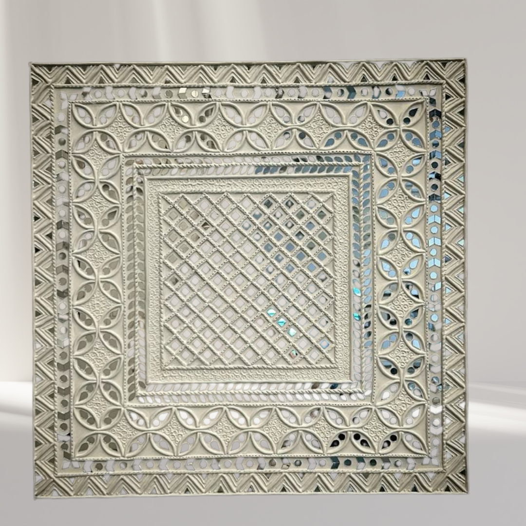 Ivory Luxe Geometric Lippan Art Wall Panel – Handcrafted Mirror Work Decor (15x15 Inch MDF)