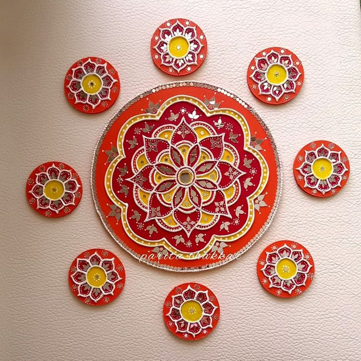 Handmade Floral Lippan Art Rangoli Set – Festive Floor Decor with Diyas (Red & Yellow Mirror Work)