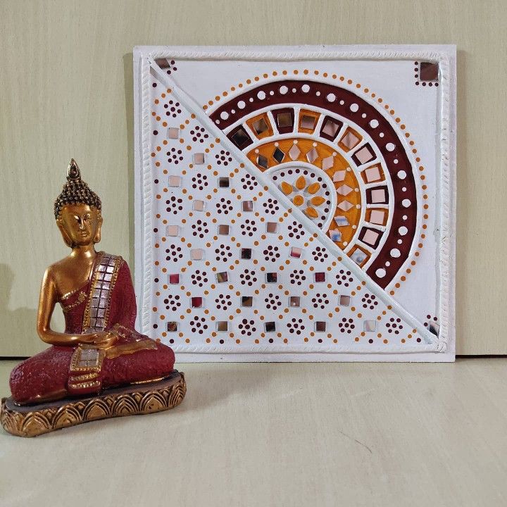 Dual Style Lippan Art Decor – Handcrafted Mirror Work Panel (8x8 Inch MDF) | Wall & Table Decor |