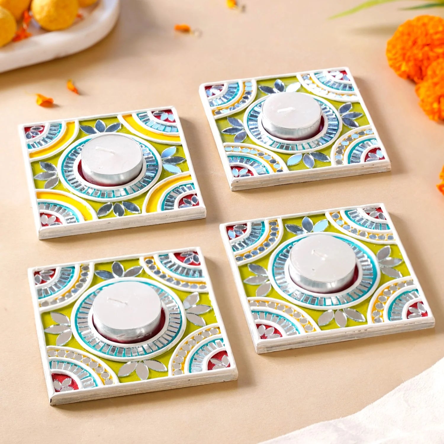 Festive Mini Lippan Art Tealight Holders – Handcrafted Mirror Work (5x5 Inch) | Diwali Table Decor