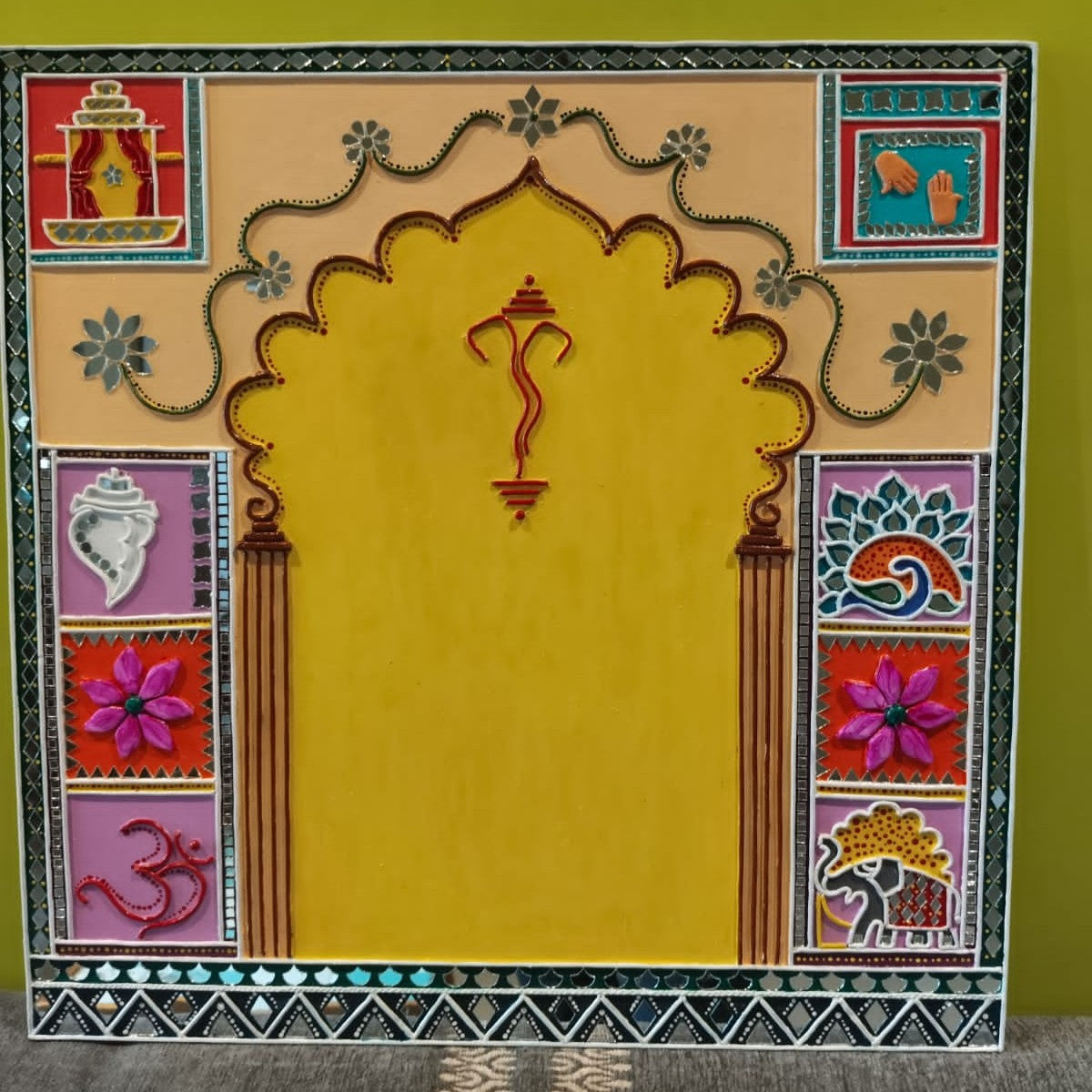 Grand Wedding Hath Thapa Lippan Art Wall Panel – Handcrafted Ganpati Arch Design (24x24 Inch) | Traditional Marriage Decor