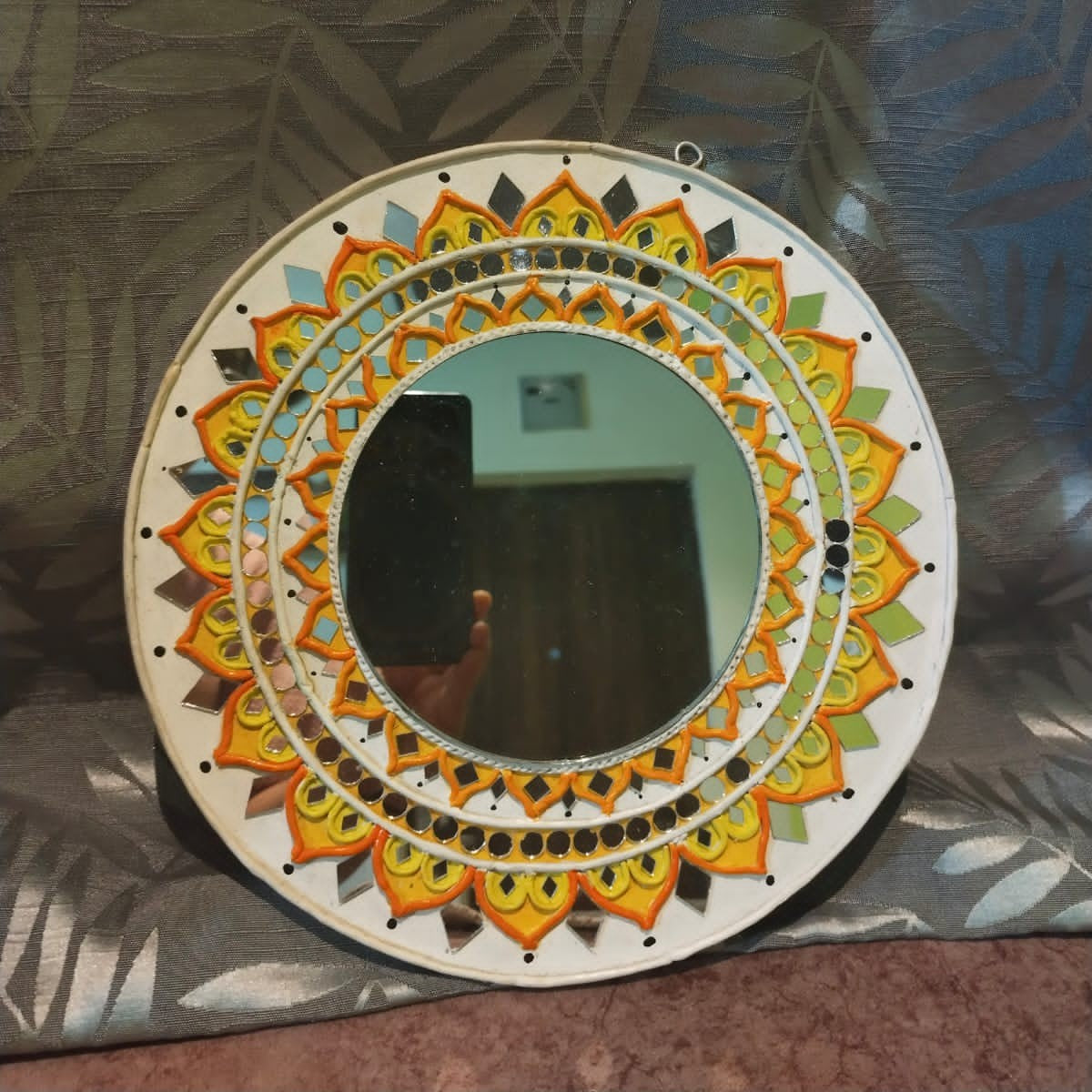 Handmade Sunflower Lippan Art Mirror Wall Decor – Multicolor Round Design (10x10 Inch MDF)