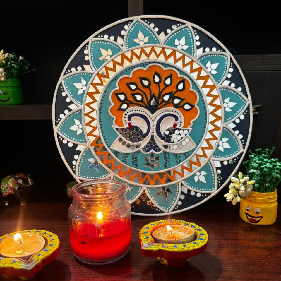 Peacock Harmony Lippan Art Wall Plate – Handcrafted Mirror Work Decor (10x10 Inch MDF)