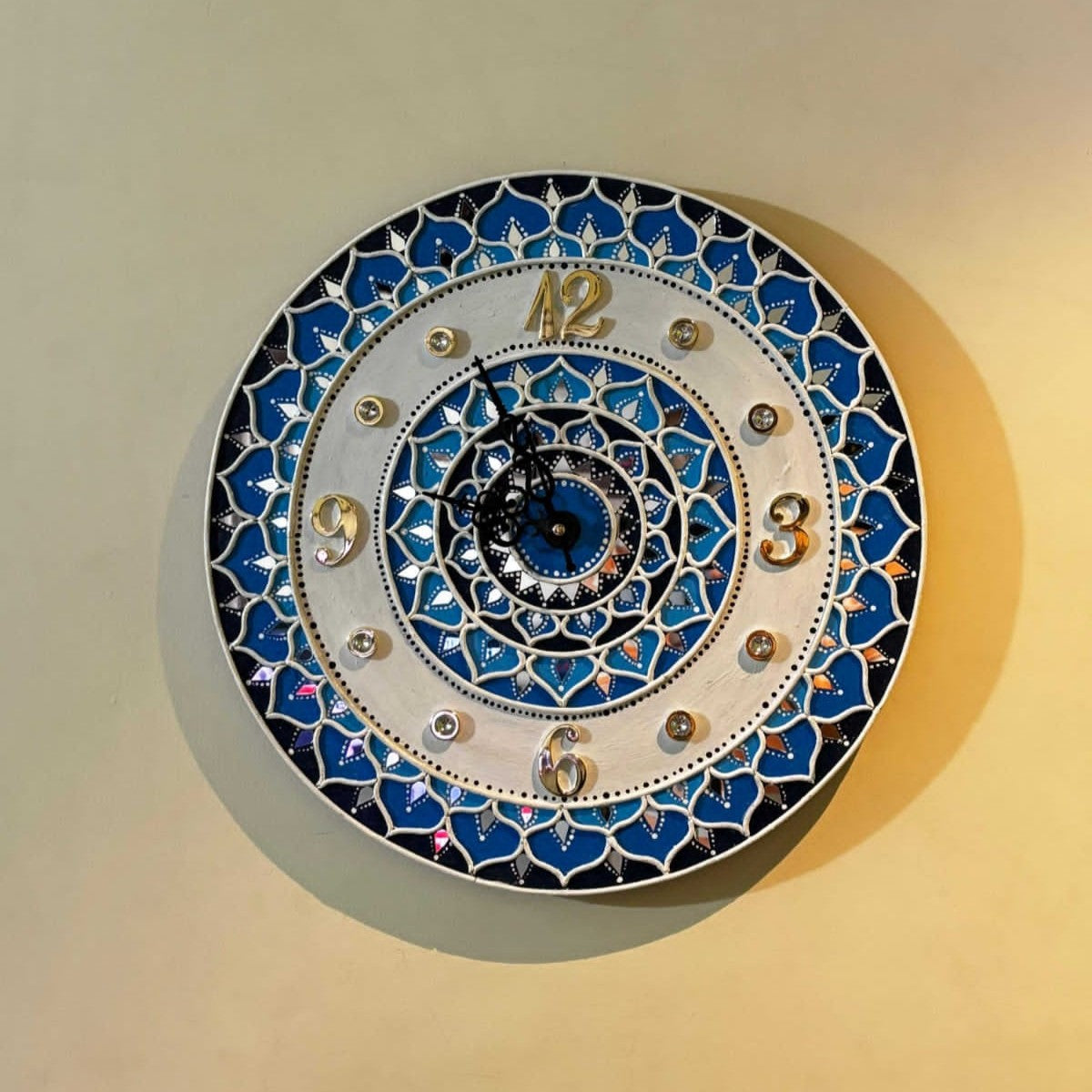 Aqua Mandala Lippan Art Wall Clock – Handcrafted Mirror Work Decor (15x15 Inch MDF)