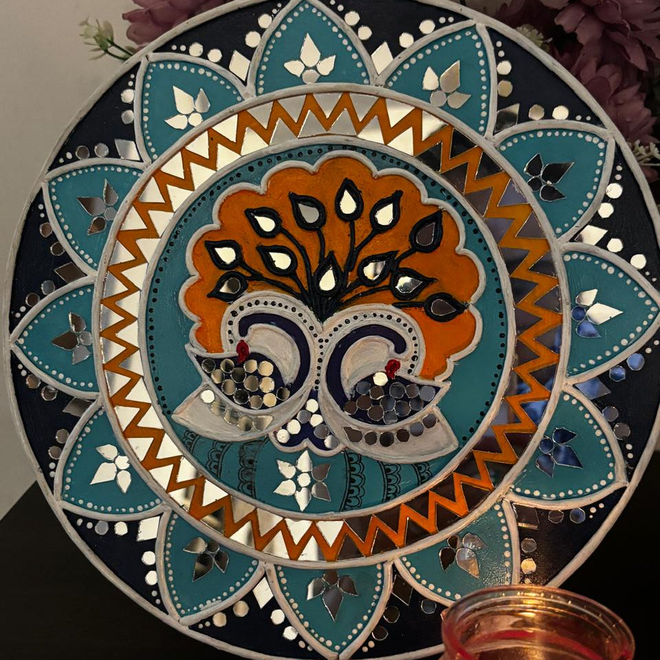 Peacock Harmony Lippan Art Wall Plate – Handcrafted Mirror Work Decor (10x10 Inch MDF)
