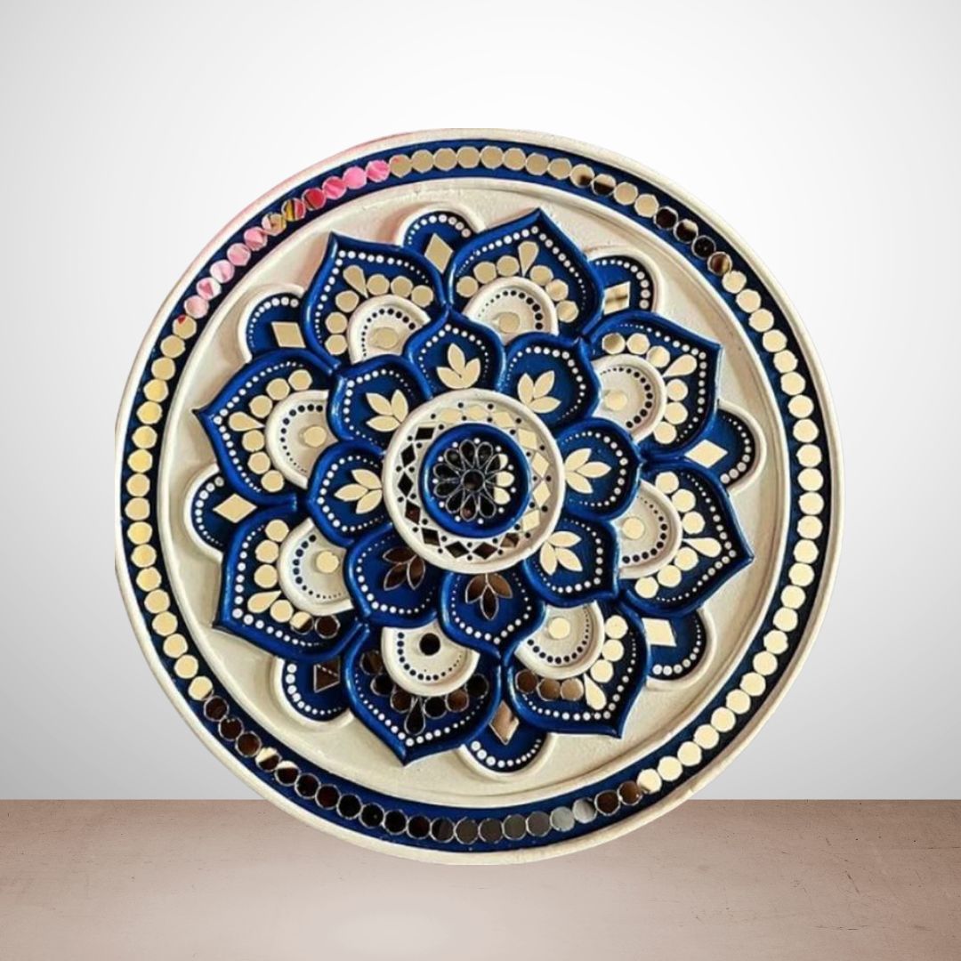 Handmade Blue Floral Lippan Art Wall Decor – Mirror Work Round Design (8x8 Inch MDF)