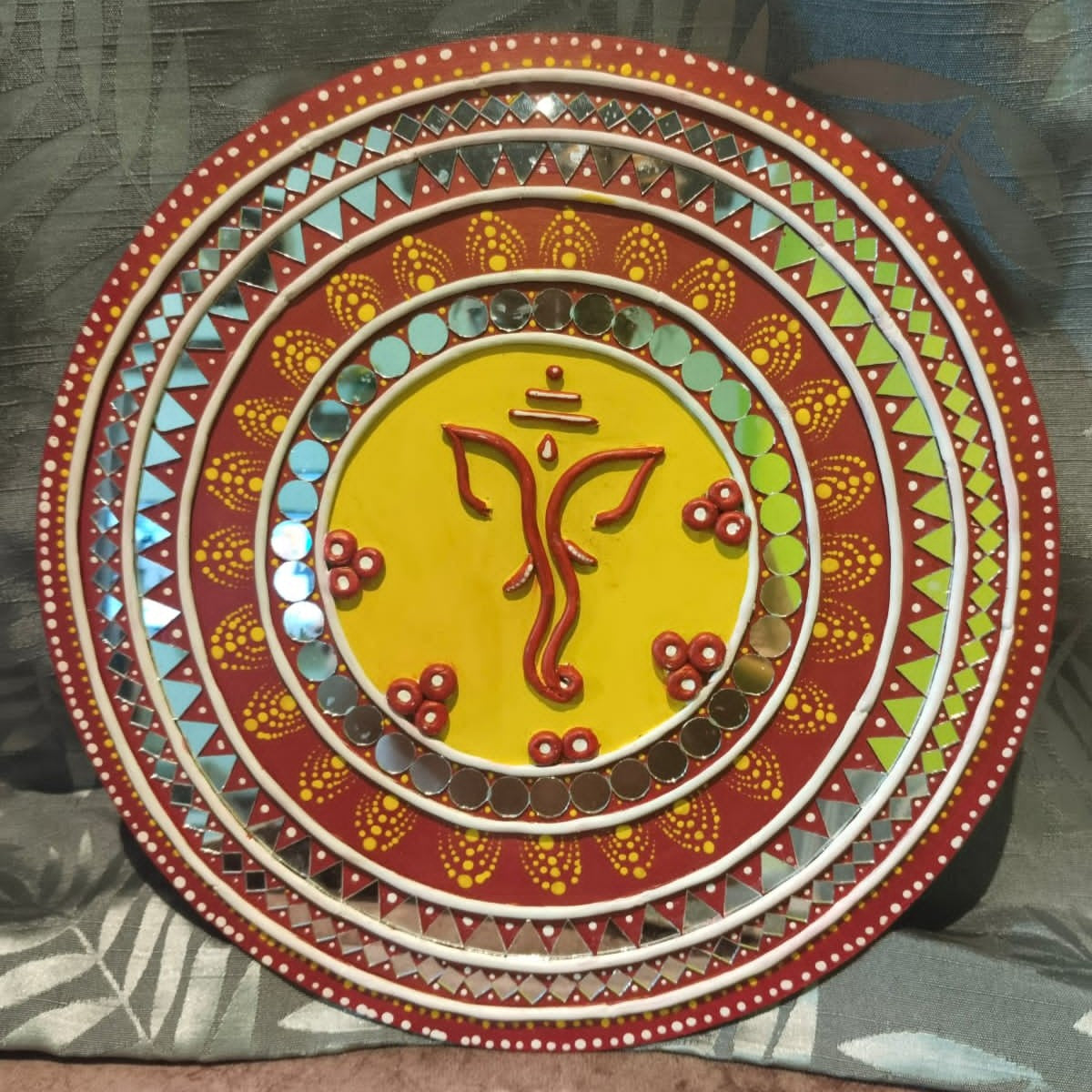 Handmade Ganpati Lippan Art Wall Decor – Multicolor Mirror Work (10x10 Inch MDF)