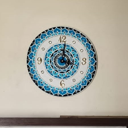 Aqua Mandala Lippan Art Wall Clock – Handcrafted Mirror Work Decor (15x15 Inch MDF)
