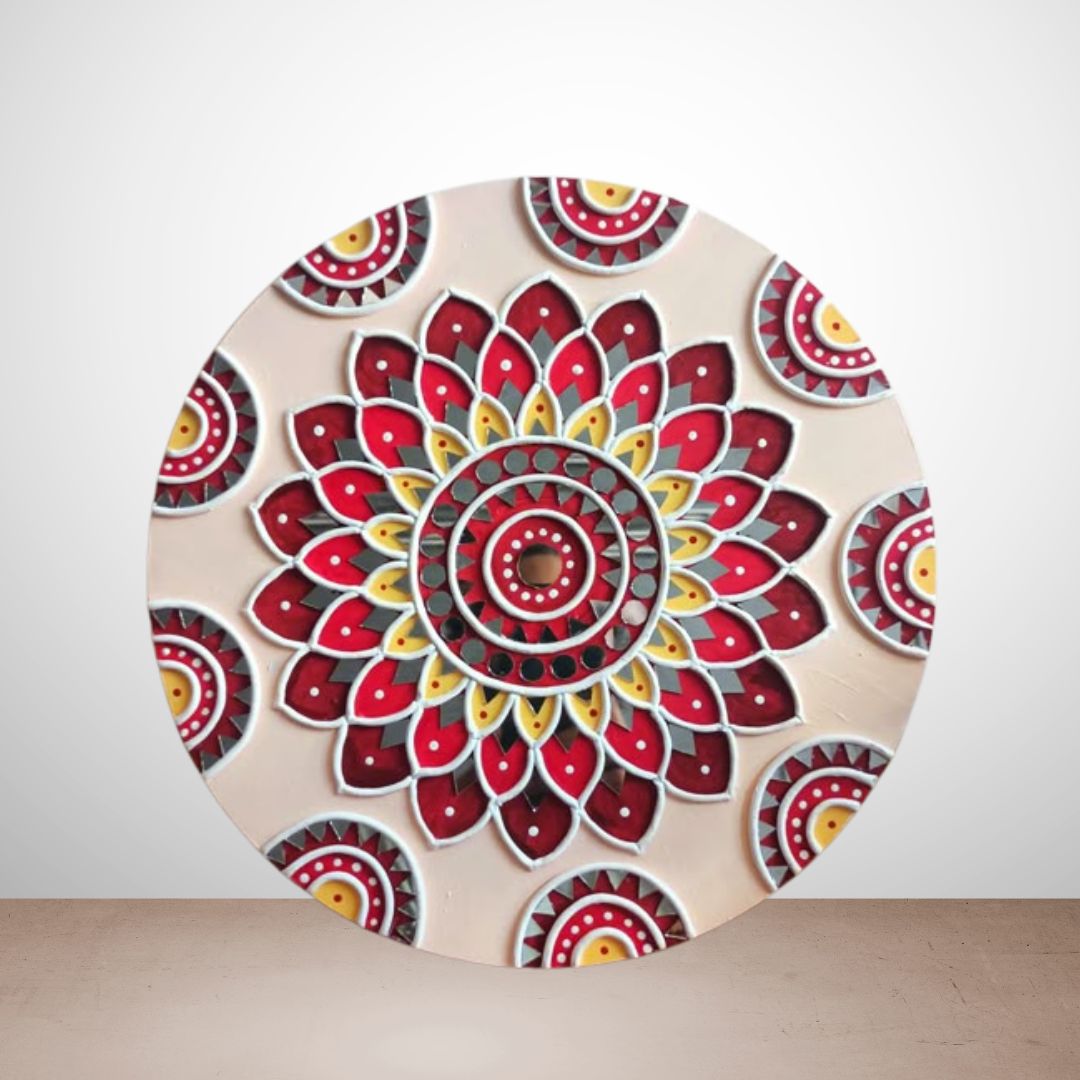 Elegant Red Mandala Lippan Art Wall Decor – Handcrafted Mirror Work Round Design (12x12 Inch MDF) | Boho Ethnic Wall Plate