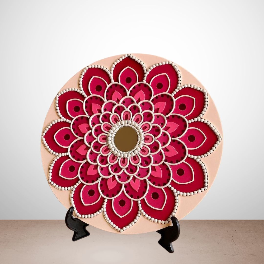 Blush Pink Floral Mandala Lippan Art Wall Decor – Handcrafted Mirror Work Round Plate (12x12 Inch MDF) | Elegant Home Decor