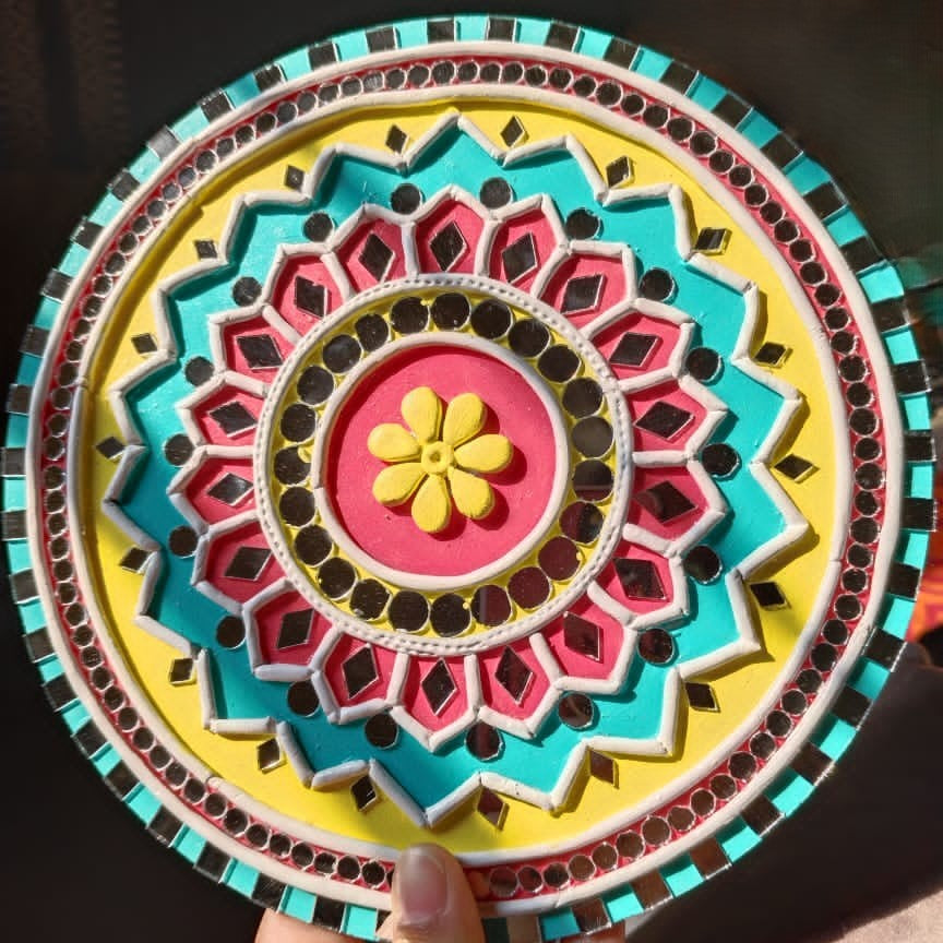 Vibrant Mandala Lippan Art Wall Plate – Handcrafted Mirror Work Decor (8x8 Inch MDF)