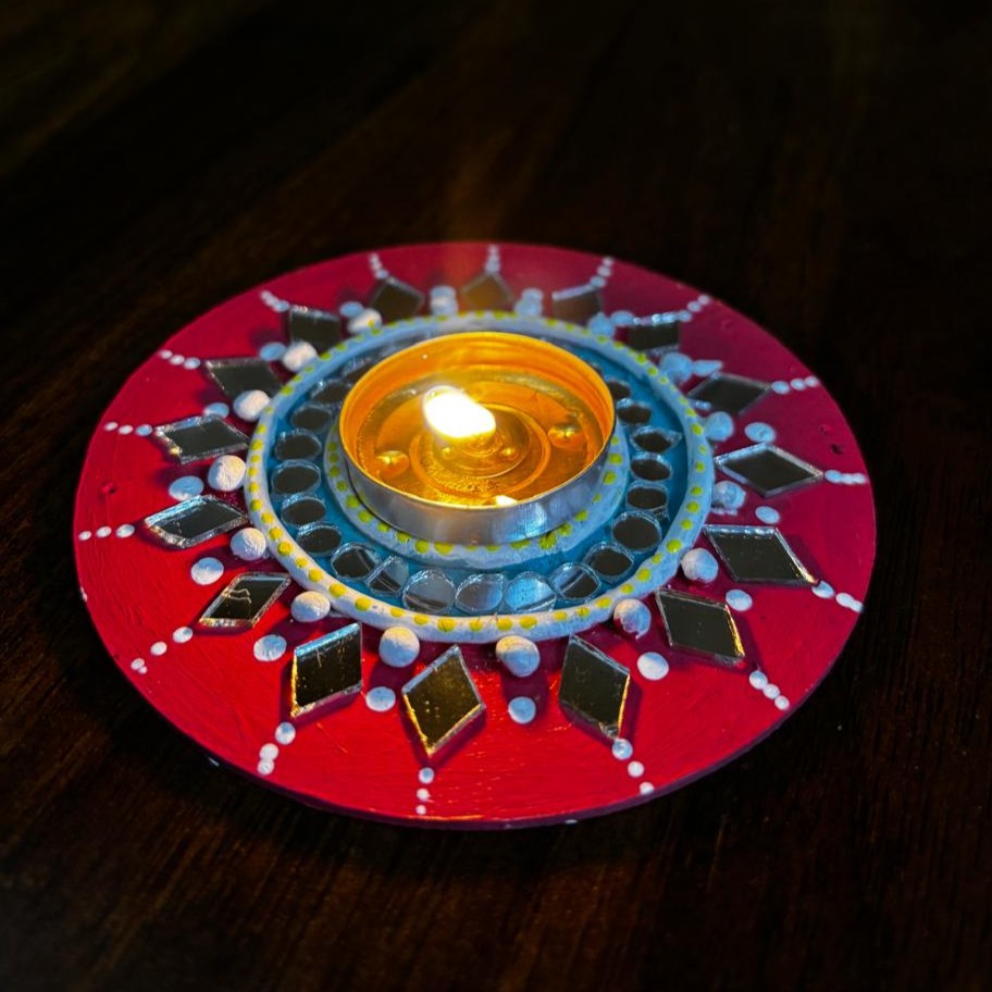 Festive Glow Lippan Art Tealight Holder Set – Handcrafted Mirror Work (5 Inch) | Diwali & Home Decor