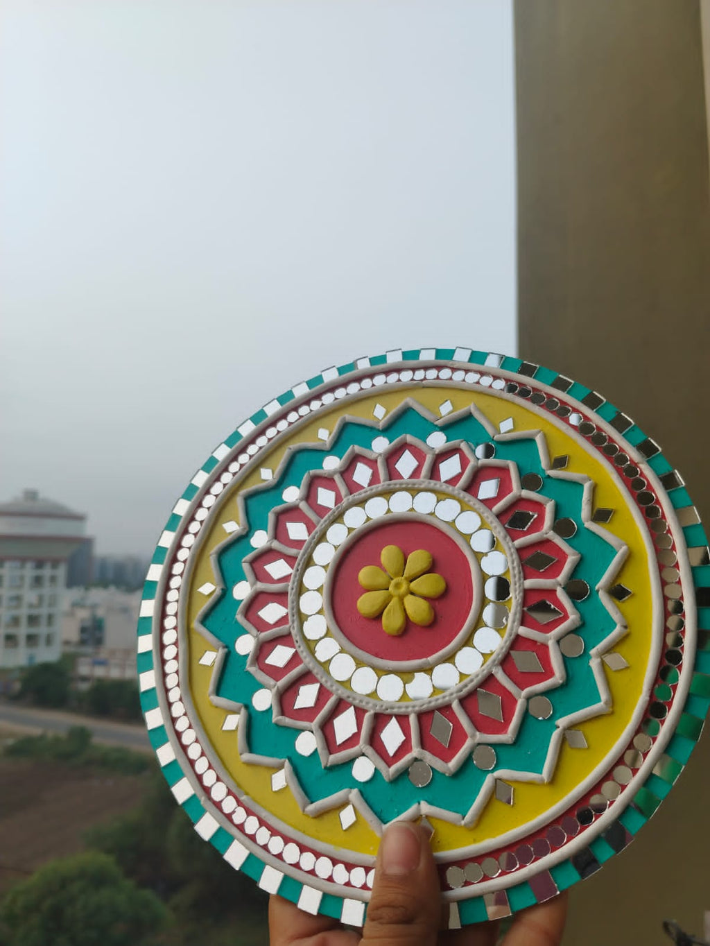 Vibrant Mandala Lippan Art Wall Plate – Handcrafted Mirror Work Decor (8x8 Inch MDF)