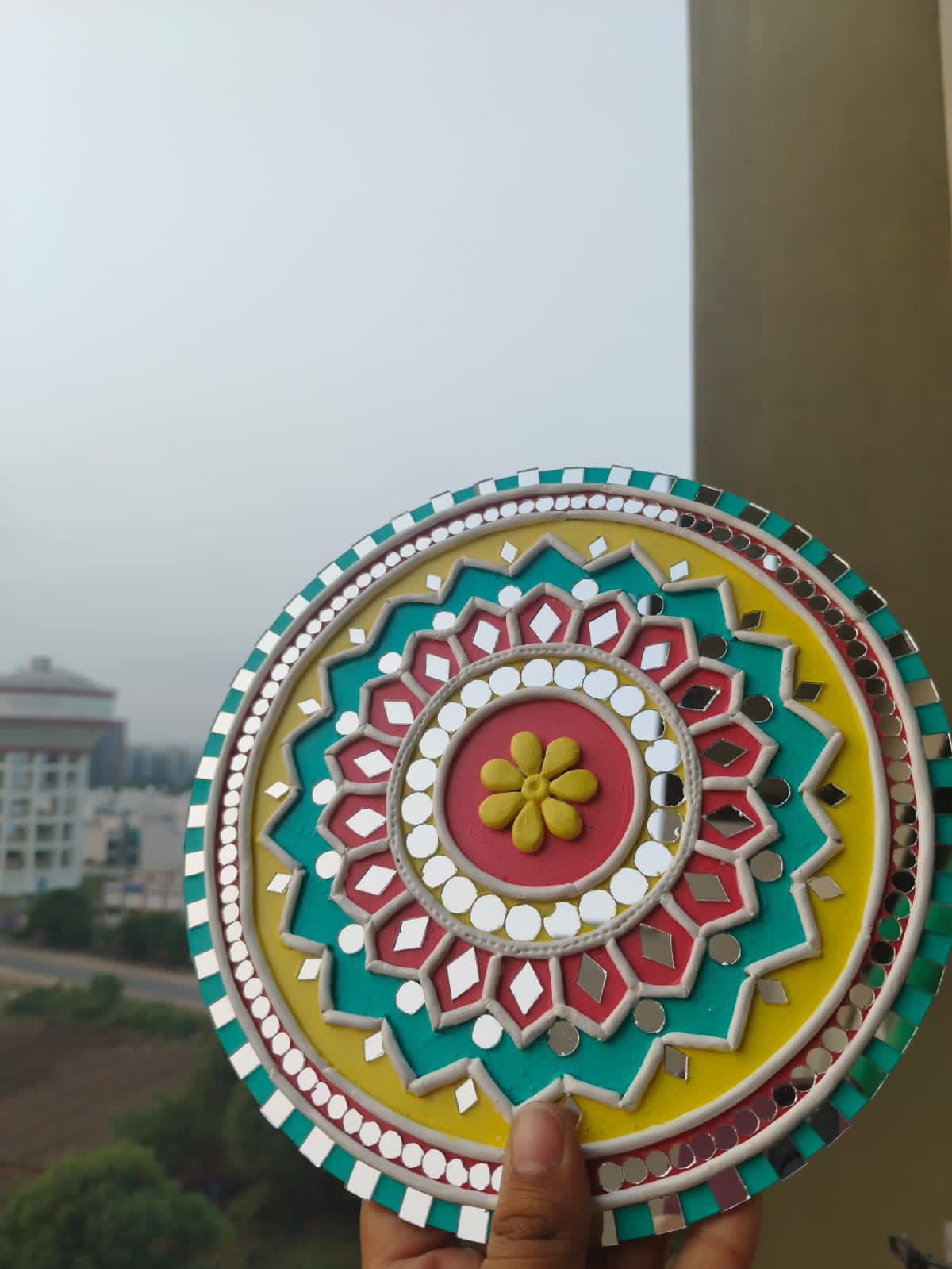 Vibrant Mandala Lippan Art Wall Plate – Handcrafted Mirror Work Decor (8x8 Inch MDF)