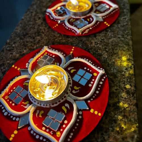 Classic Red Lotus Lippan Art Tealight Holder – Handcrafted Mirror Work (Set of 2, 5 Inch) | Festive Diya Decor