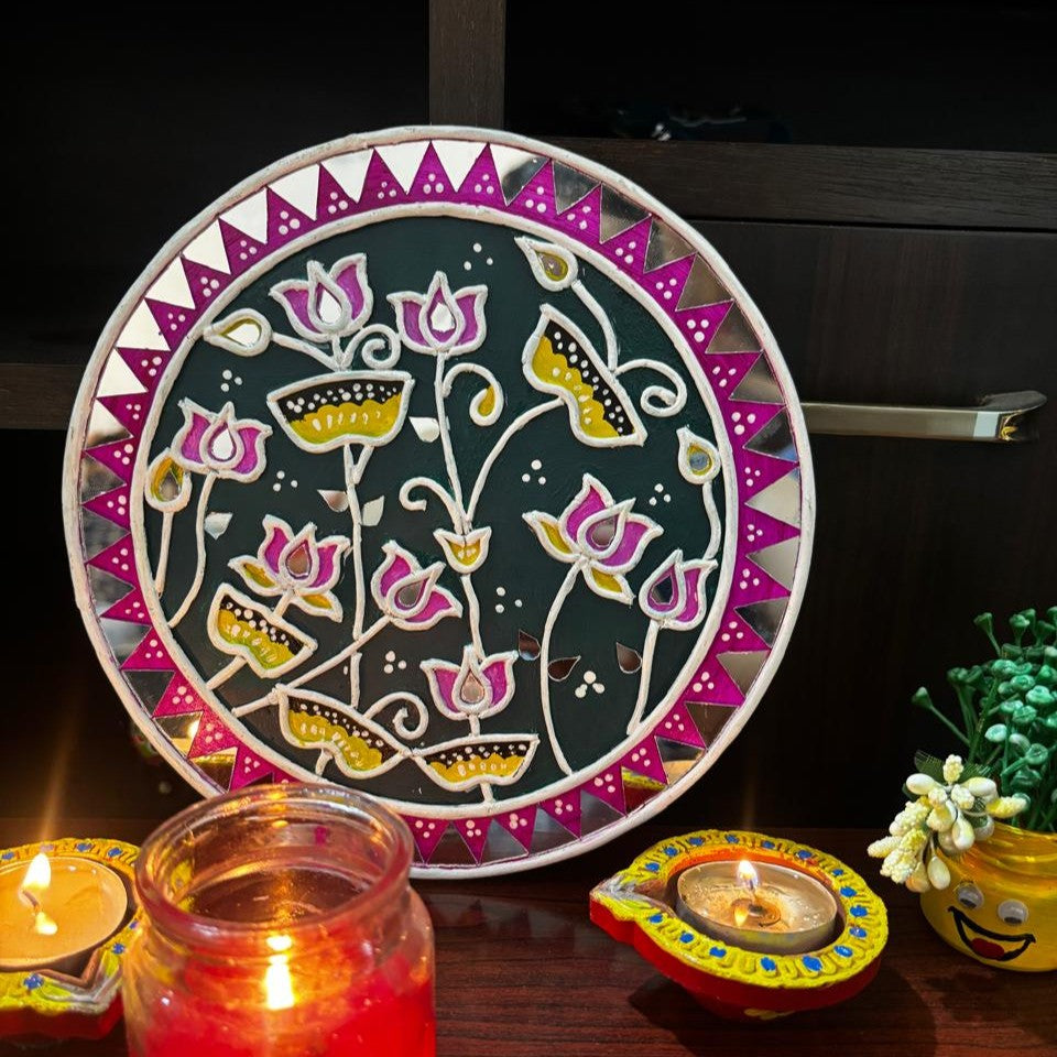 Lotus Bloom Lippan Art Wall Plate – Handcrafted Mirror Work Decor (8x8 Inch MDF)