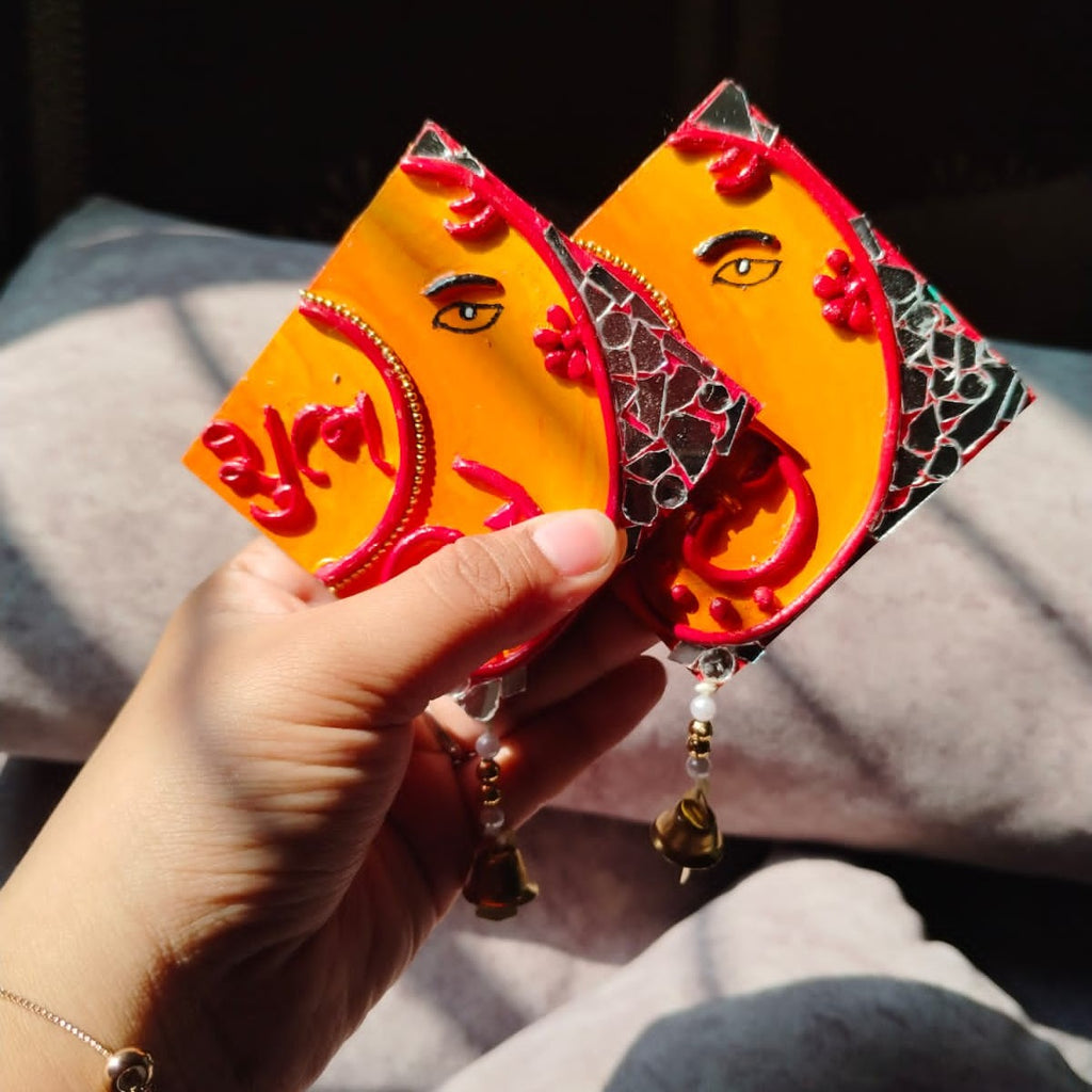 Auspicious Shubh Labh Lippan Art Door Hanging – Handcrafted Mirror Work Set (5x5 Inch Each) | Ganpati Design