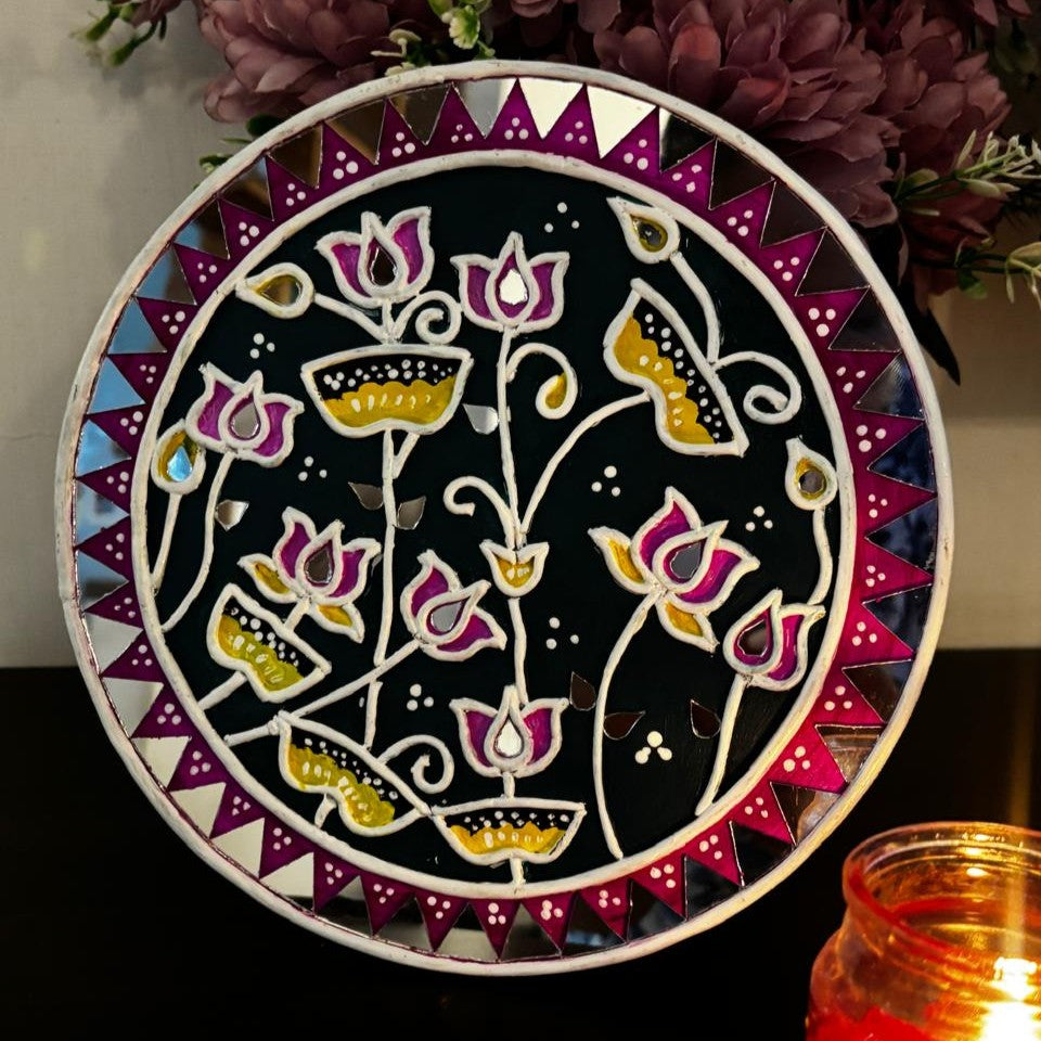 Lotus Bloom Lippan Art Wall Plate – Handcrafted Mirror Work Decor (8x8 Inch MDF)