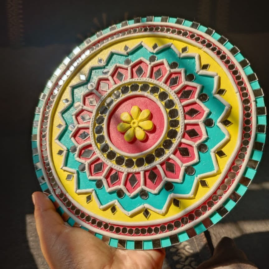 Vibrant Mandala Lippan Art Wall Plate – Handcrafted Mirror Work Decor (8x8 Inch MDF)