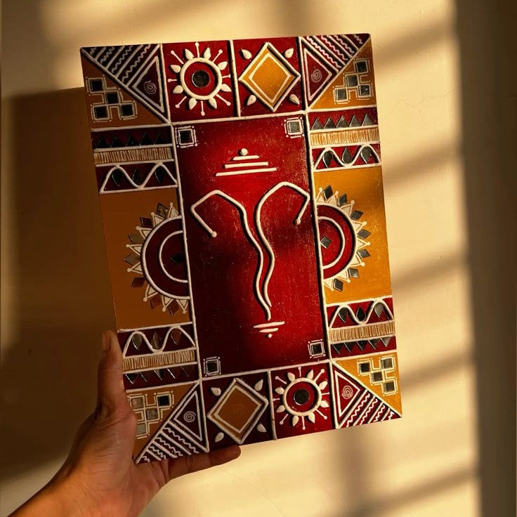 Traditional Ganpati Lippan Art Wall Decor – Rectangle Mirror Work (12x10 Inch MDF)