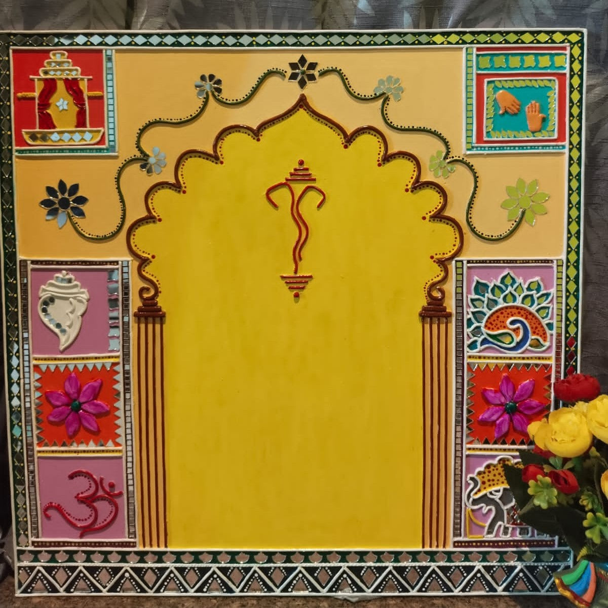 Grand Wedding Hath Thapa Lippan Art Wall Panel – Handcrafted Ganpati Arch Design (24x24 Inch) | Traditional Marriage Decor