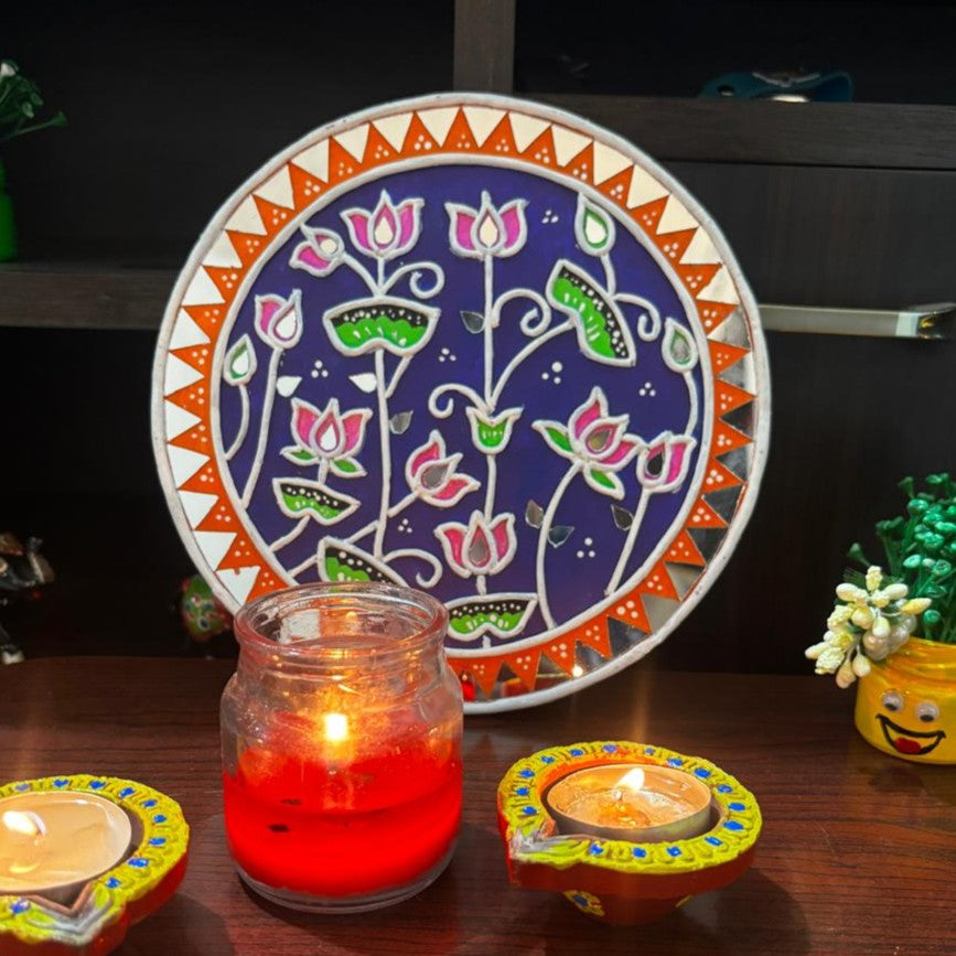 Lotus Bloom Lippan Art Wall Plate – Handcrafted Mirror Work Decor (8x8 Inch MDF)