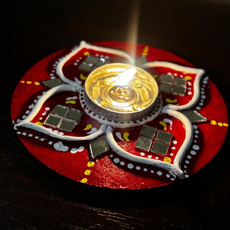 Classic Red Lotus Lippan Art Tealight Holder – Handcrafted Mirror Work (Set of 2, 5 Inch) | Festive Diya Decor